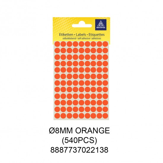MAYSPIES MS008 COLOUR DOT LABEL / 5 SHEETS/PKT / 540PCS / ROUND 8MM ORANGE